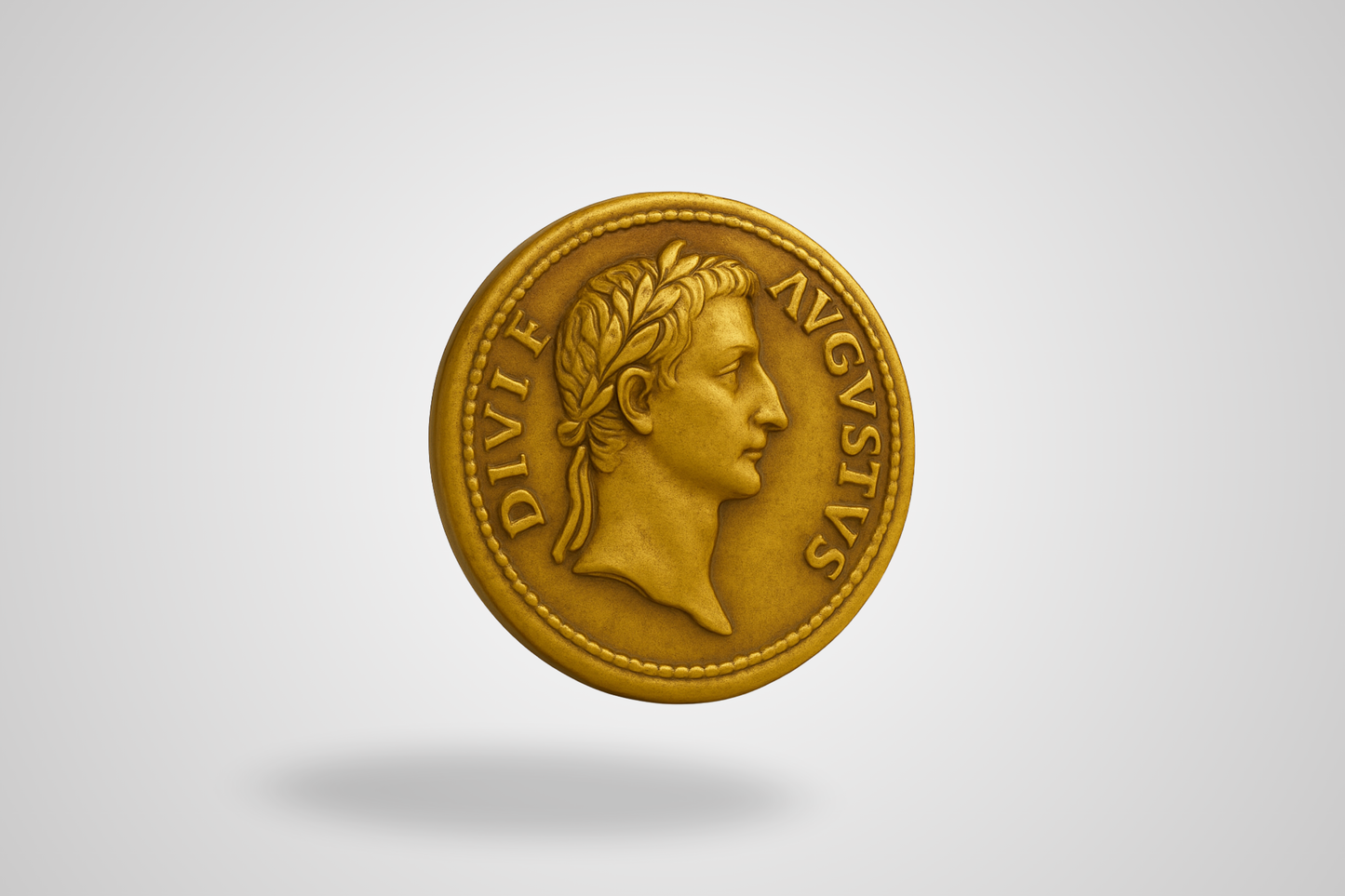 A photo of an embossed antique metal coin in gold