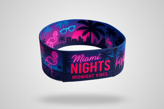 A photo of Elastic Wristbands with Print from JM Band®. Purchase Fabric Wristbands in 185 mm here.