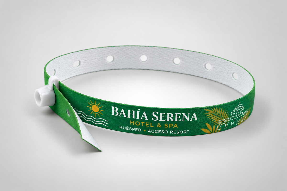 Polsera de tela verda amb tancament de pressió blanc, vista lateral