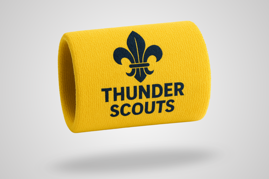 A photo of Personalised Sweat Bands from JM Band®. Purchase Fabric Wristbands in size: 80 X 100 mm. here.