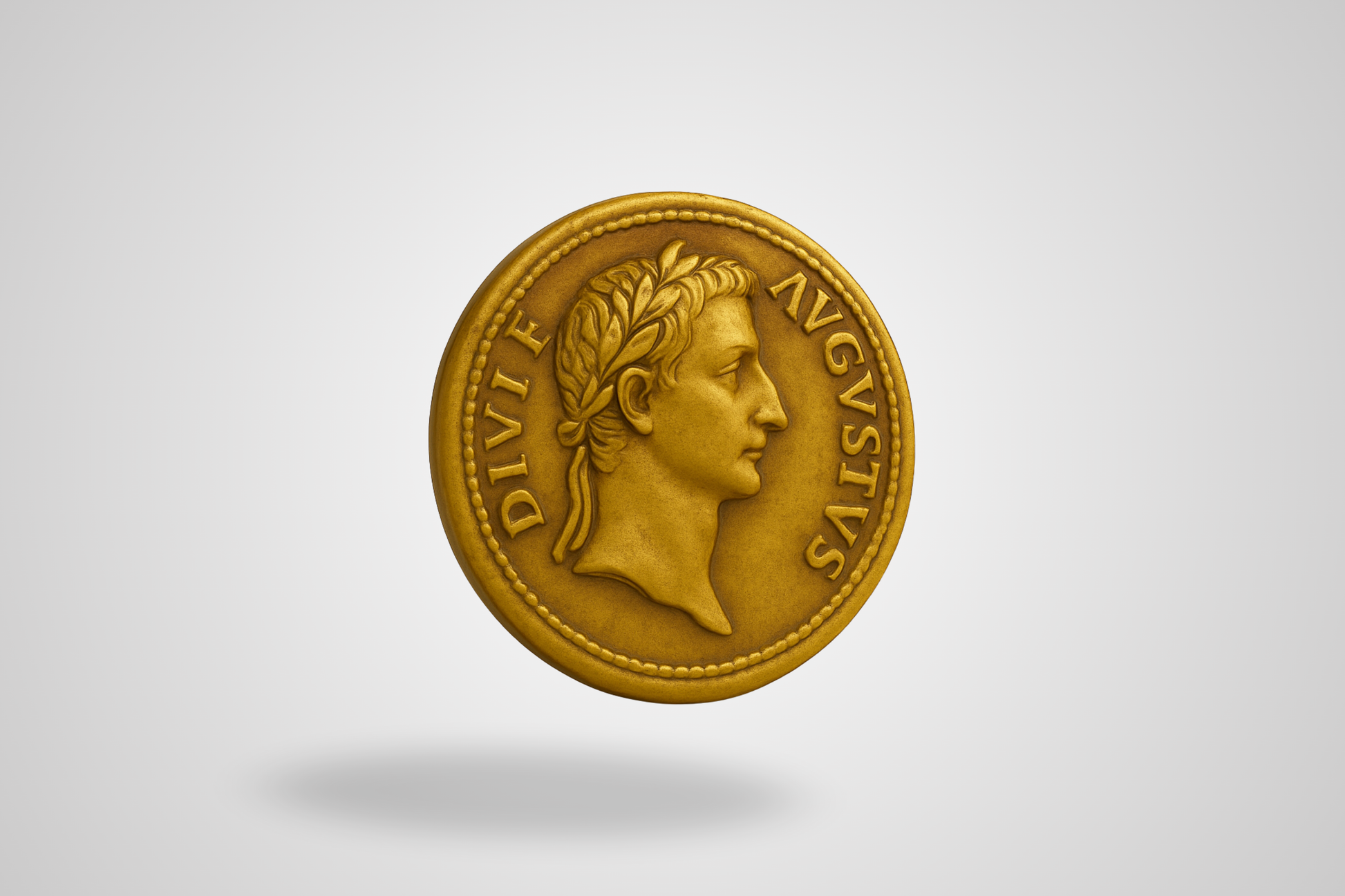 A photo of an embossed antique metal coin in gold