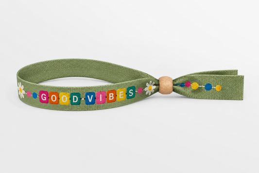 Polsera de cotó verda amb estampat colorit Good Vibes