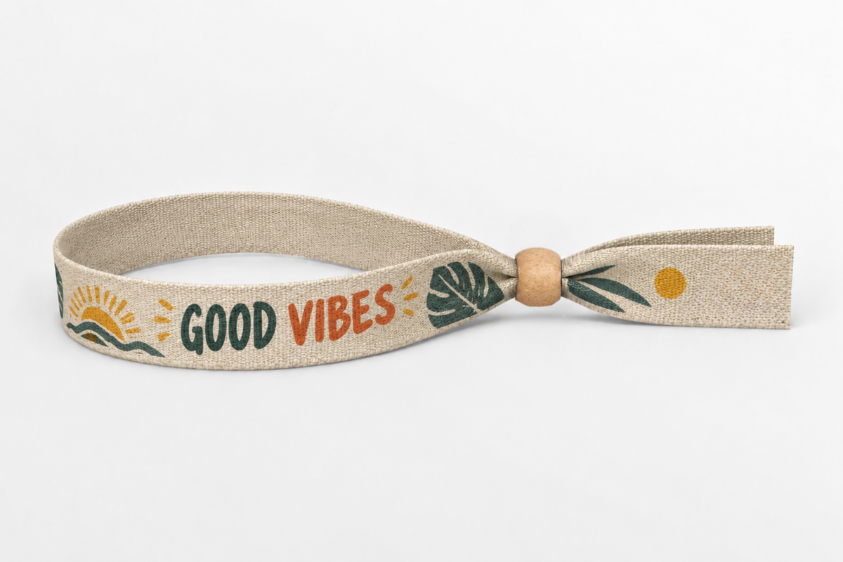 Polsera de cotó beix amb estampat colorit Good Vibes