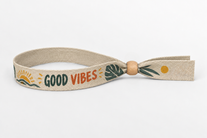 Polsera de cotó beix amb estampat colorit Good Vibes