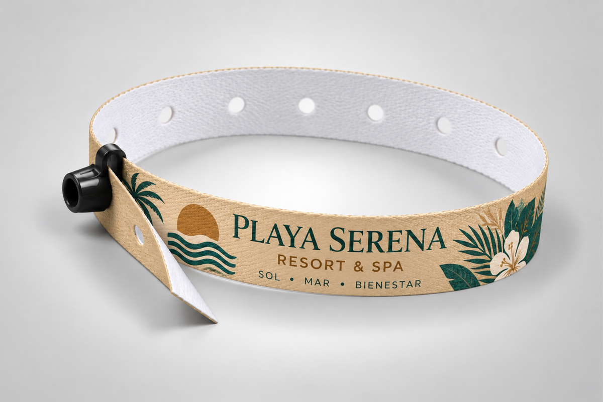 Polsera de tela beix amb tancament de pressió i logotip de resort imprès
