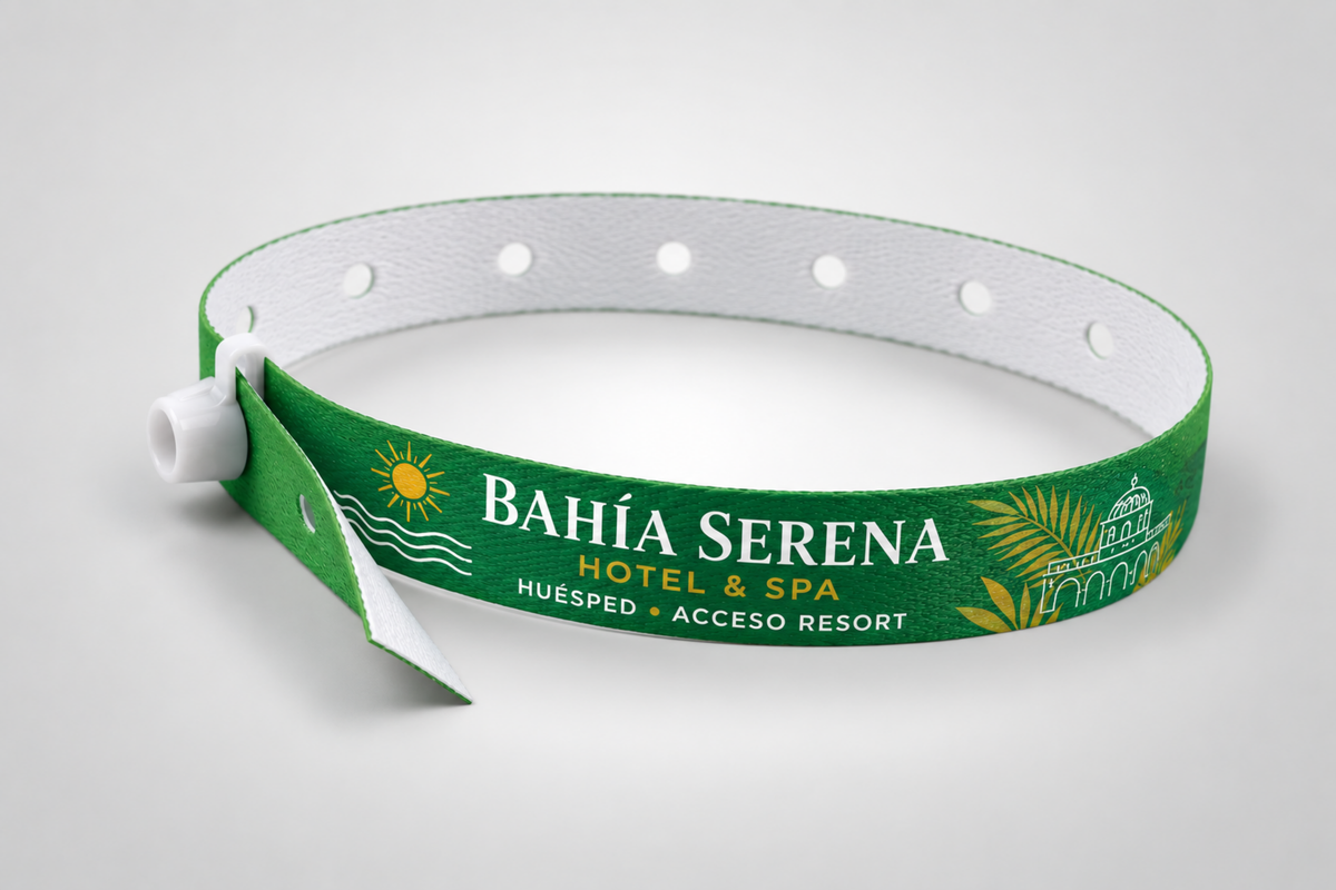 Polsera de tela verda amb tancament de pressió blanc i logotip d'hotel imprès
