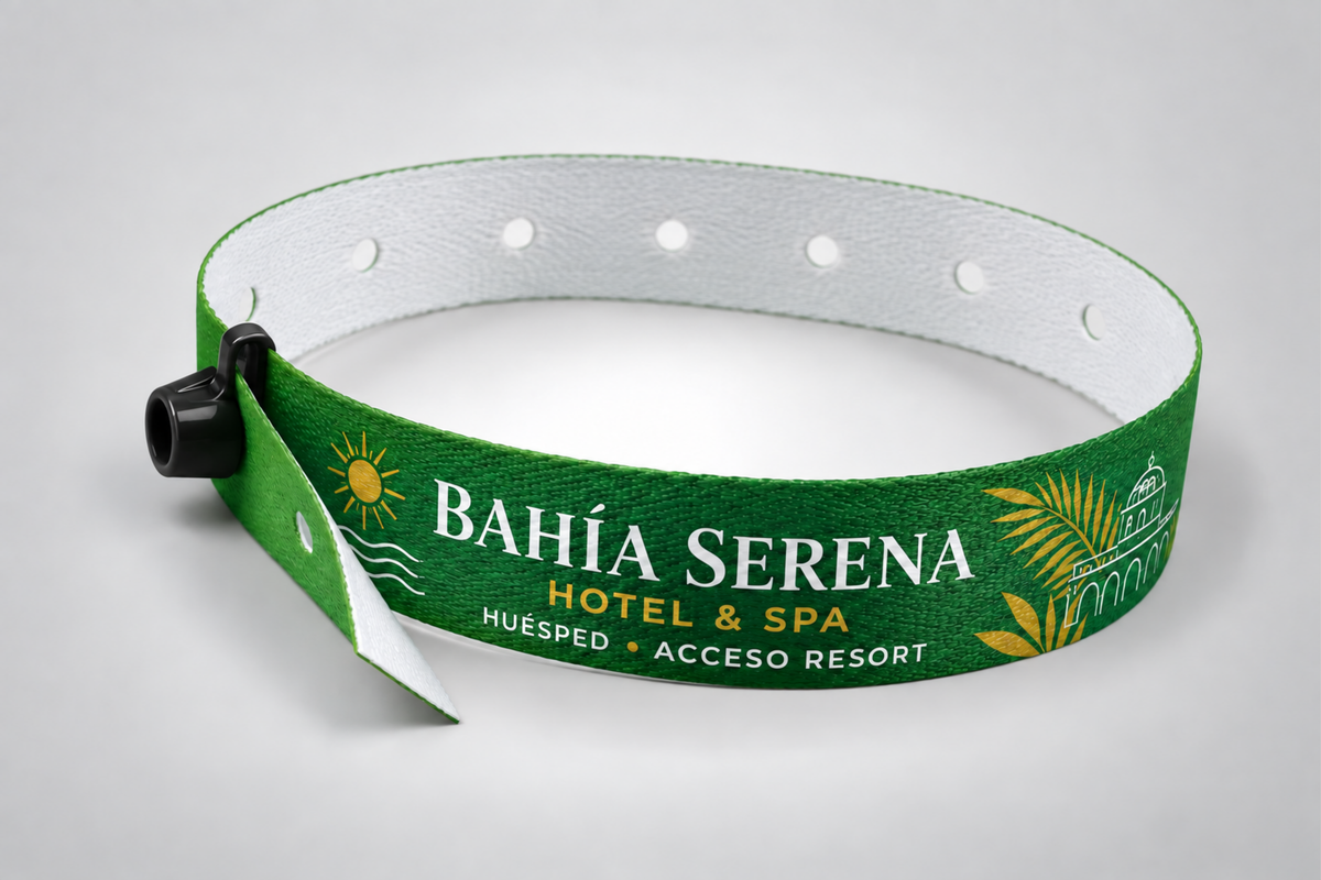 Polsera de tela verda amb tancament de pressió negre i logotip d'hotel imprès