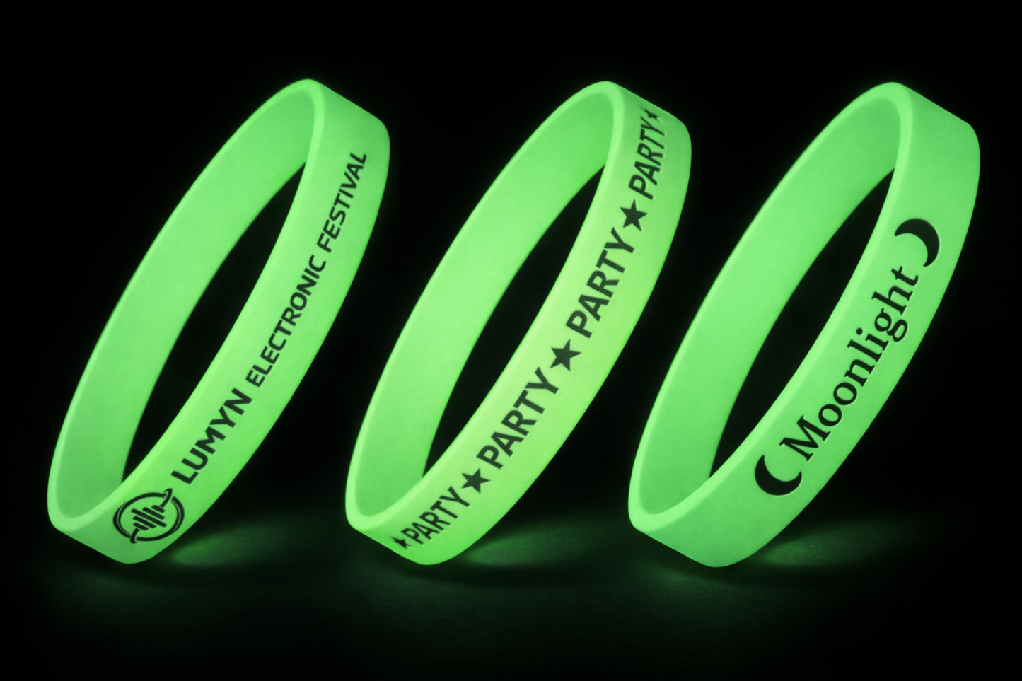 Pulseras de silicona que brillan en la oscuridad con estampado de JM Band®.