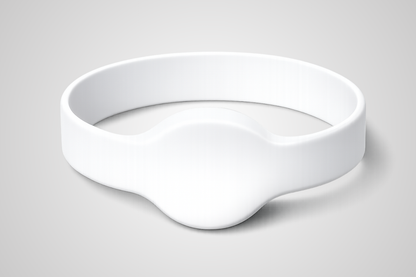 Polsera de silicona NFC blanca JM02 amb etiqueta blanca de JM Band®.