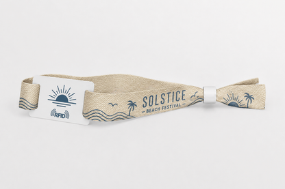 Pulsera RFID de algodón beige con diseño de festival de playa impreso