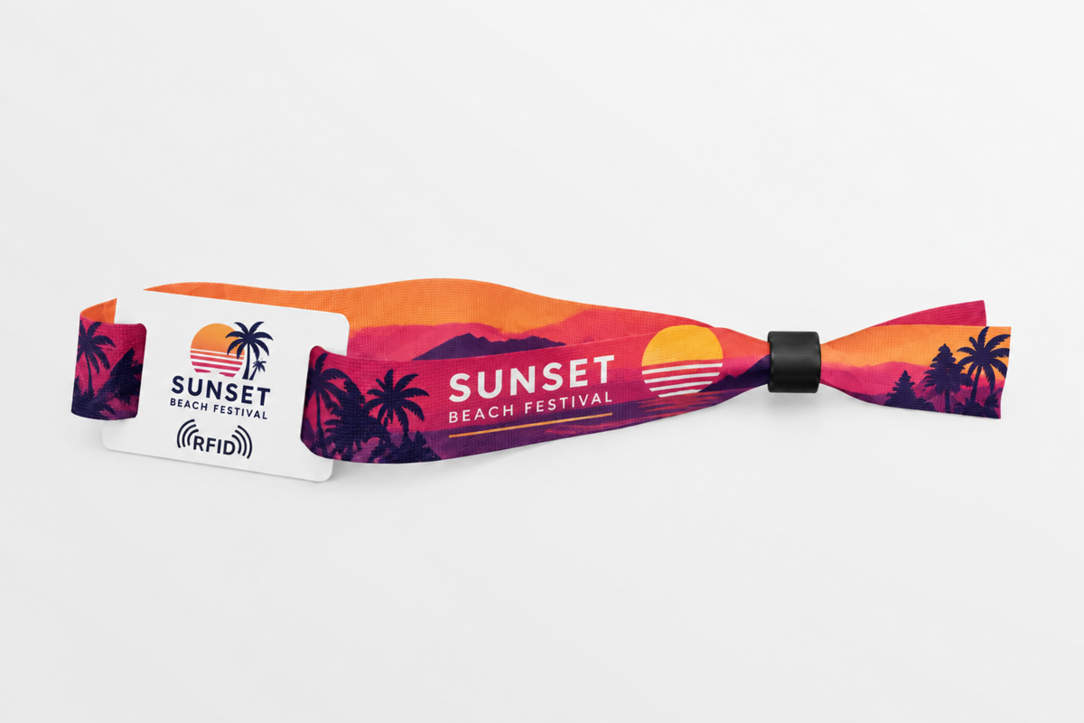 Pulsera de tela rPET RFID con estampado naranja de festival de playa al atardecer