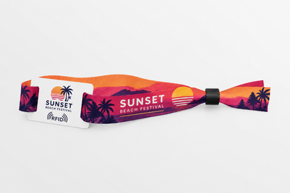 Pulsera de tela rPET RFID con estampado naranja de festival de playa al atardecer