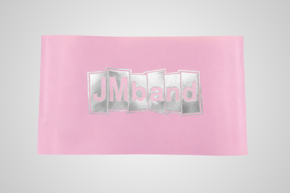 Imagen de una cinta rosa con impresión en lámina térmica plateada de JM Band®.